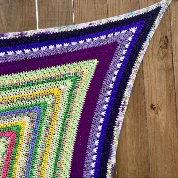 Small Handmade Crocheted Throw Blanket 54” x 52” Purple Green Yellow Pink - Picture 13 of 16